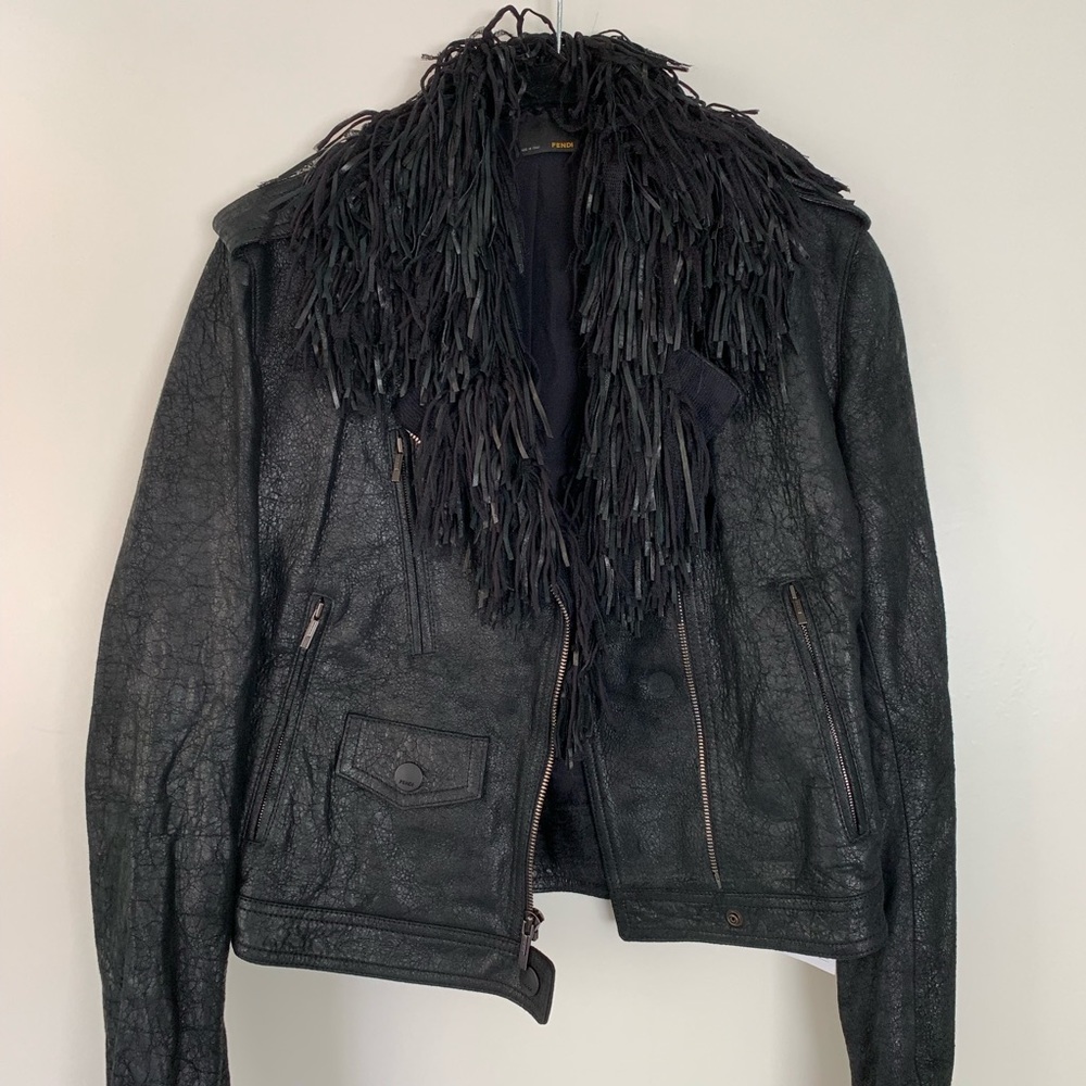 Fendi Black Leather Fringe Moto Jacket